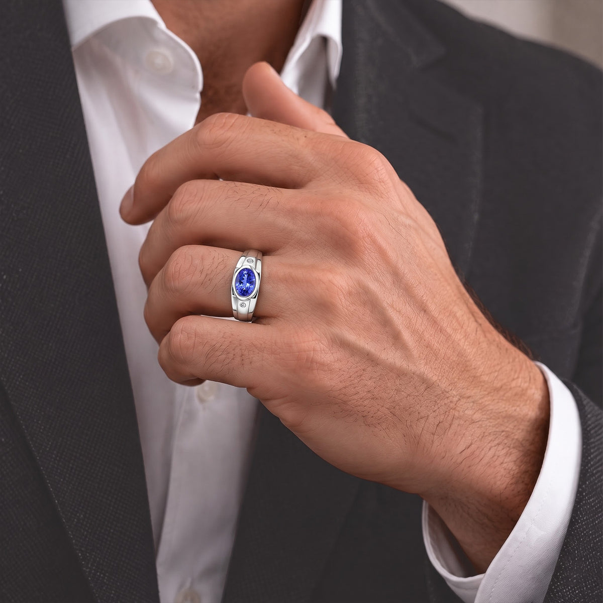 Luxuriant - Tanzanite &amp; Lab Grown Diamond (SI-G-H) Trilogy Ring in Rhodium Overlay Sterling Silver 0.80 Ct. 8811387 2