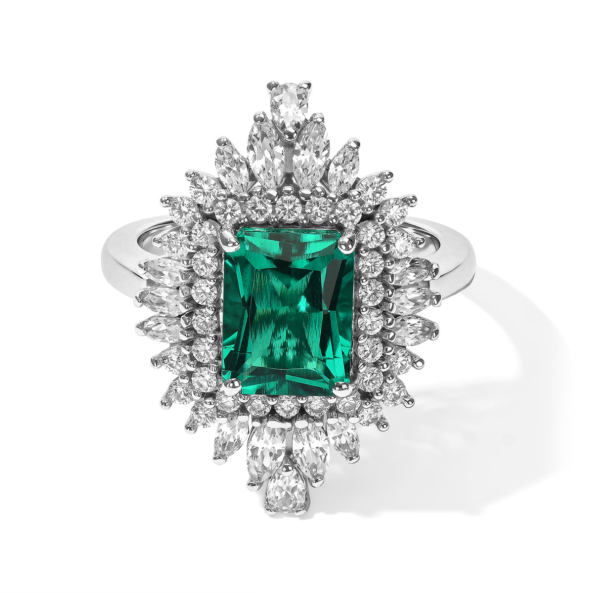 Luxuriant - AAA Lab Grown Columbian Emerald &amp; White Zircon Halo Ring in Rhodium Overlay Sterling Silver 3.75 Ct. 8813085 0