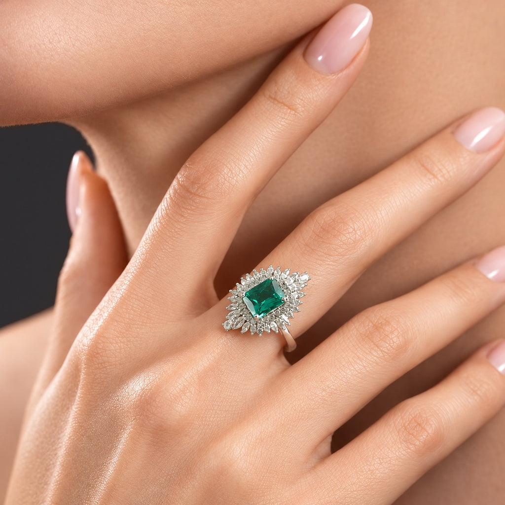 Luxuriant - AAA Lab Grown Columbian Emerald & White Zircon Halo Ring in Rhodium Overlay Sterling Silver 3.75 Ct._8813085_1