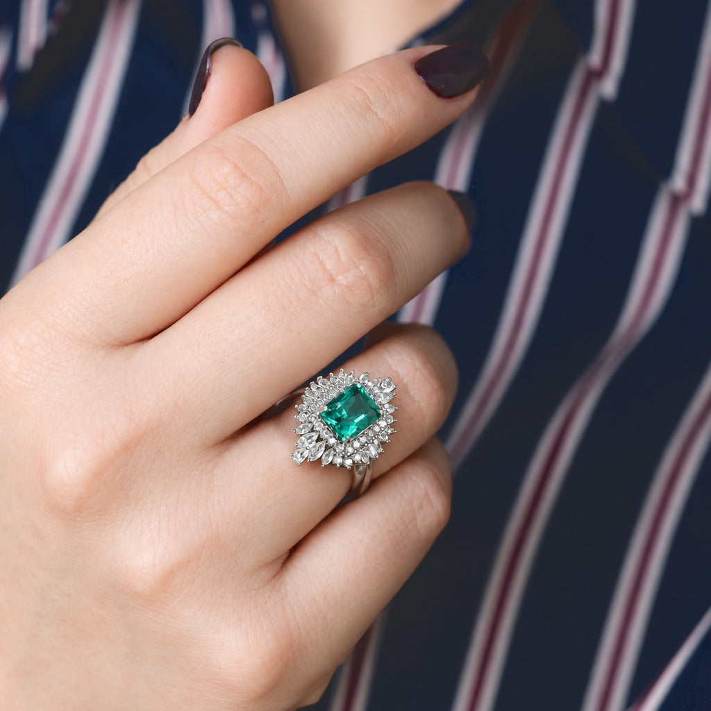 Luxuriant - AAA Lab Grown Columbian Emerald & White Zircon Halo Ring in Rhodium Overlay Sterling Silver 3.75 Ct._8813085_2