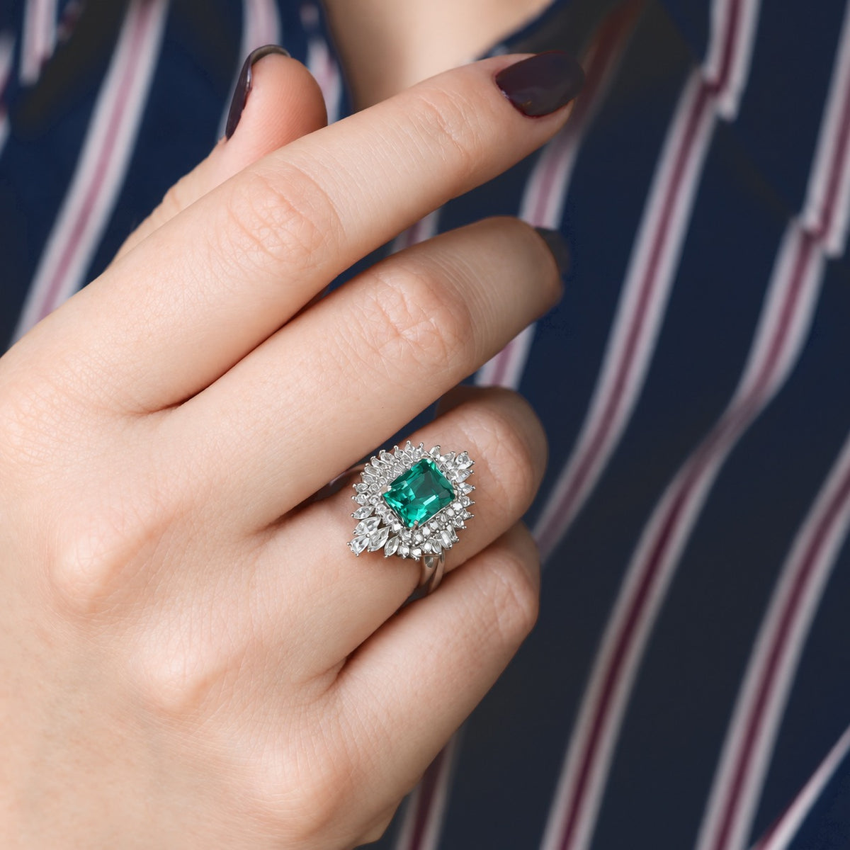 Luxuriant - AAA Lab Grown Columbian Emerald &amp; White Zircon Halo Ring in Rhodium Overlay Sterling Silver 3.75 Ct. 8813085 2