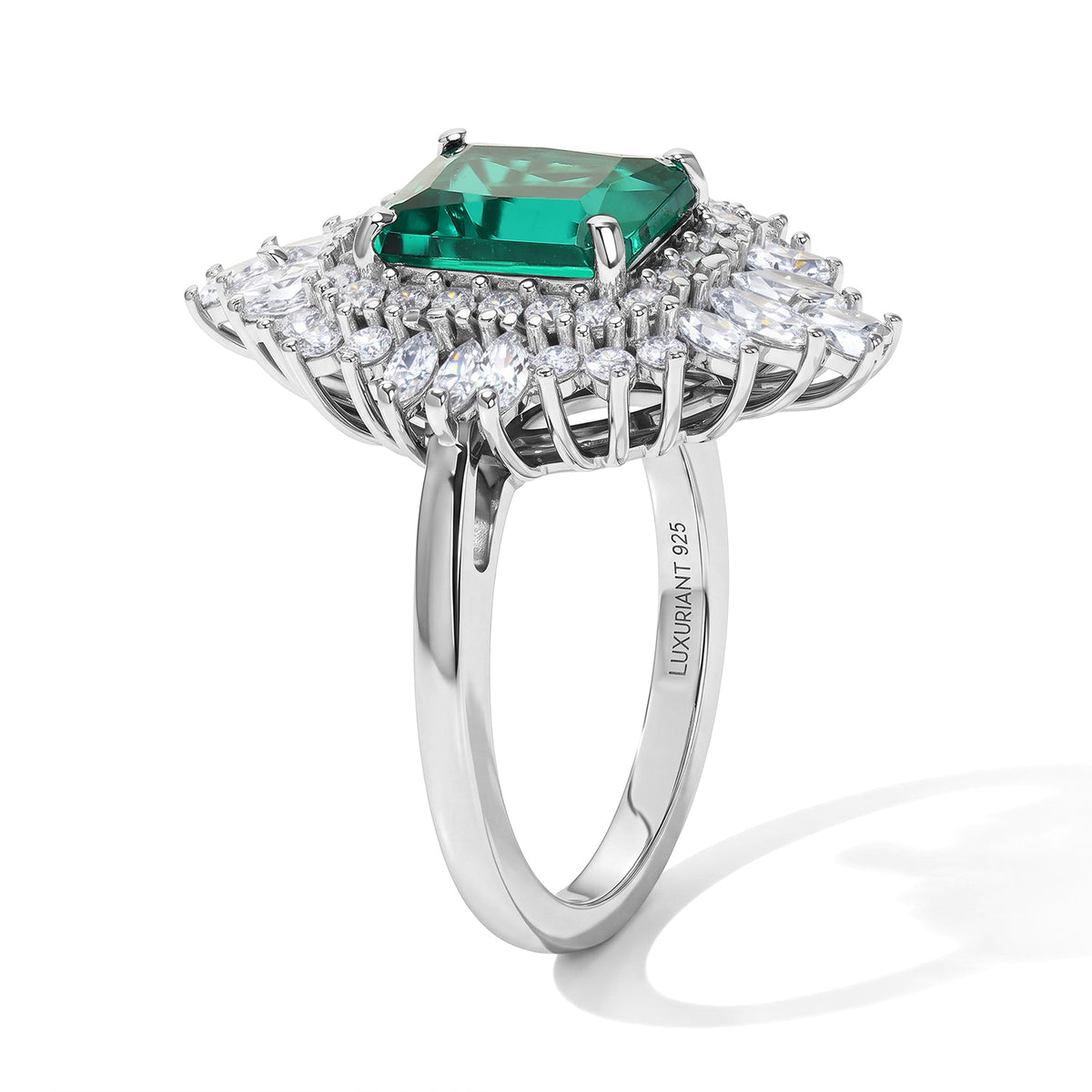 Luxuriant - AAA Lab Grown Columbian Emerald &amp; White Zircon Halo Ring in Rhodium Overlay Sterling Silver 3.75 Ct. 8813085 3