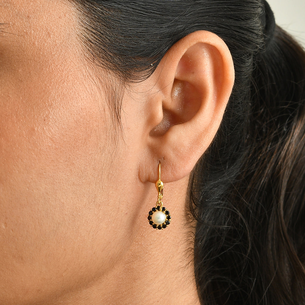 D'Joy - Fresh Water Pearl & Black Spinel Earring with Lever Back in Yellow Gold Plated Sterling Silver 2.20 Ct._8813774_1