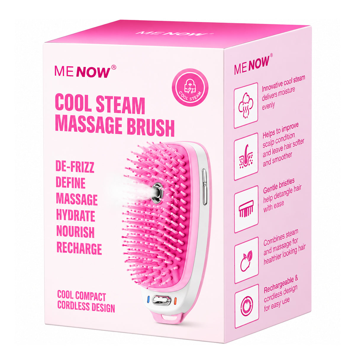 NEW ARRIVAL- Me Now Cordless Cool Steam Massage Hair Brush with Hydrating Mist, Vibrating Scalp Massage &amp; USB Rechargeable Design 8818046 1