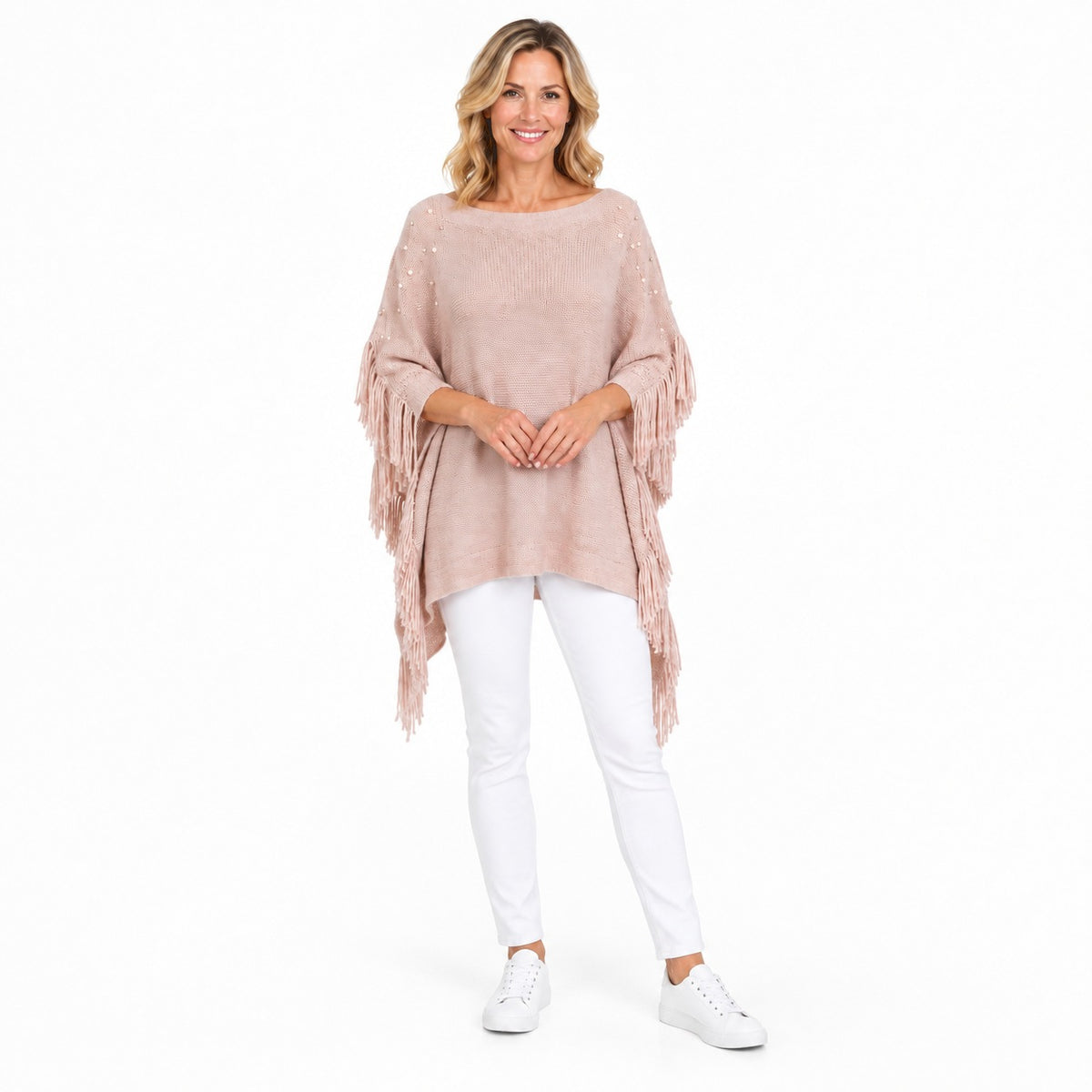 Closeout Deal - Pearl &amp; Bead Shoulder Knitted Poncho (One Size, 8-18) - Nude 8818190 0
