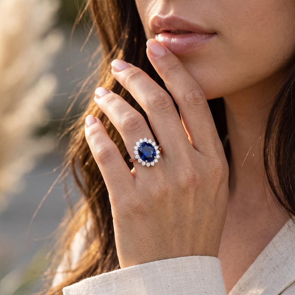 Luxuriant Diffused Blue Sapphire, Lab Grown Diamond Ring in Rhodium OverlaySterling Silver  4.170  Ct._8824196_1