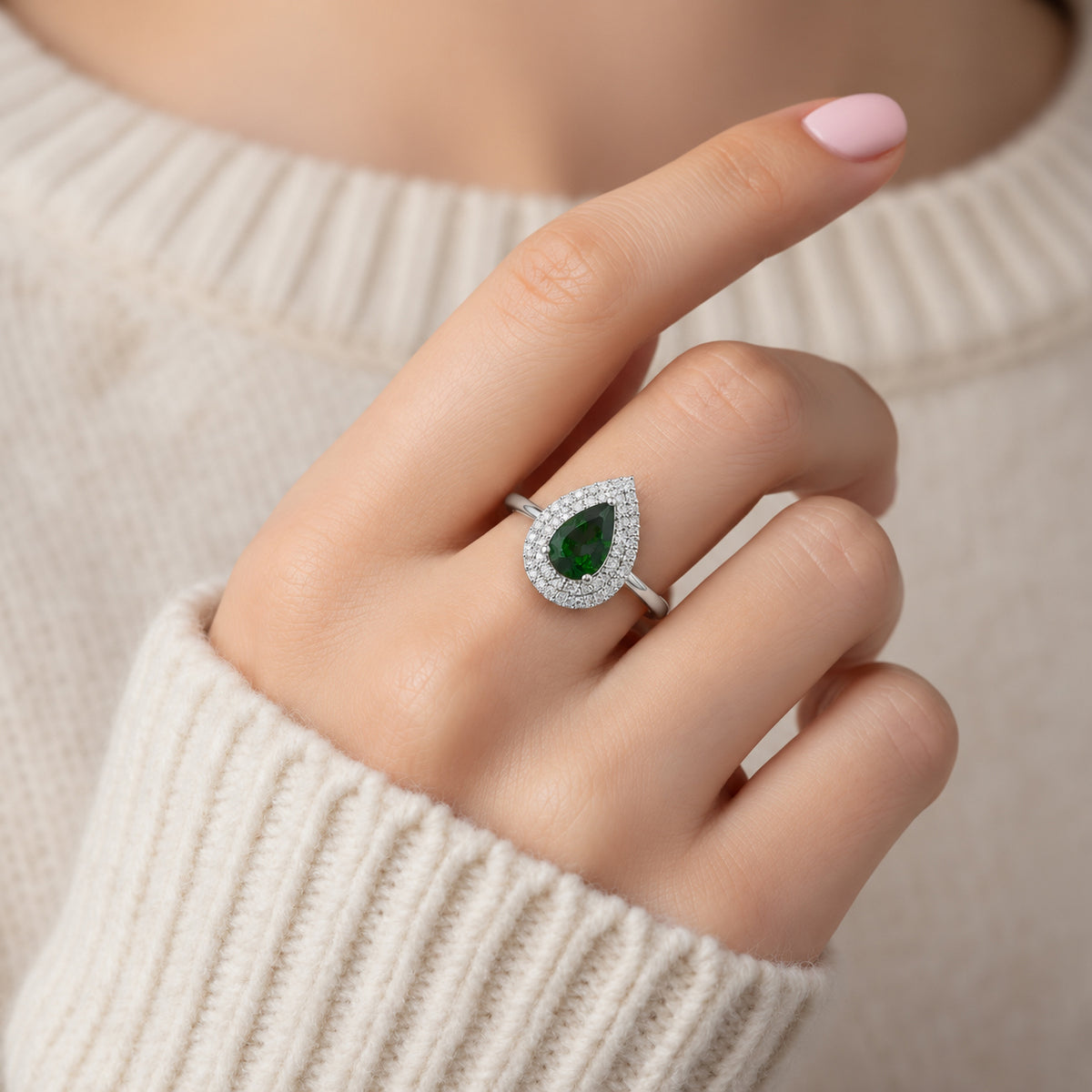 Luxuriant - Natural Chrome Diopside &amp; Lab Grown Diamond (SI-G-H) Halo Ring in Rhodium Overlay Sterling Silver 1.60 Ct. 8825596 1
