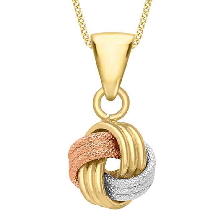9K 3-Colour Gold 9mm x 18mm Textured and Polished 4-Way Triple-Knot Pendant 8828854 1