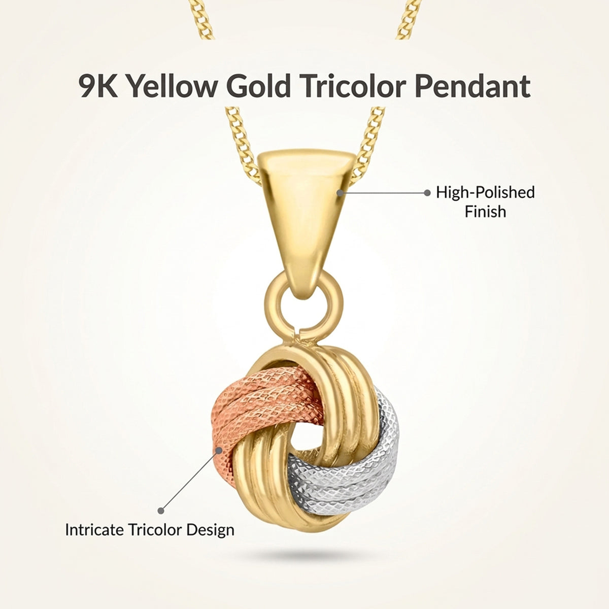 9K 3-Colour Gold 9mm x 18mm Textured and Polished 4-Way Triple-Knot Pendant 8828854 2