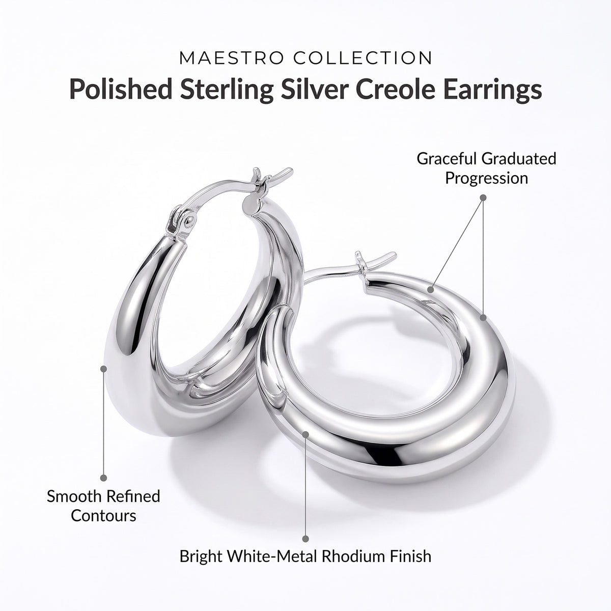 Sterling Silver Rhodium Plated 17mm x 18mm Plain Graduated Creole Earrings 8828962 4