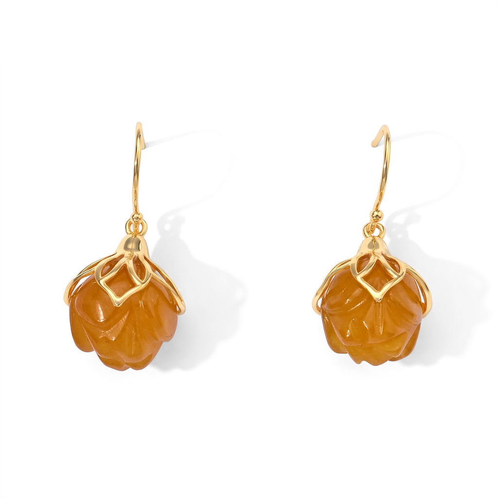D'Joy - Honey Jade Lotus Drop Earring with Hook in Yellow Gold Plated Sterling Silver 40.00 Ct._8831515