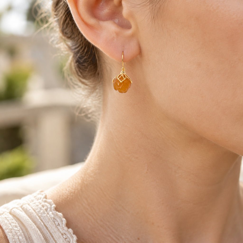 D'Joy - Honey Jade Lotus Drop Earring with Hook in Yellow Gold Plated Sterling Silver 40.00 Ct._8831515_1
