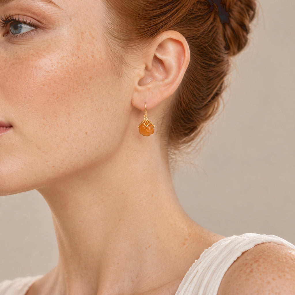 D'Joy - Honey Jade Lotus Drop Earring with Hook in Yellow Gold Plated Sterling Silver 40.00 Ct._8831515_2