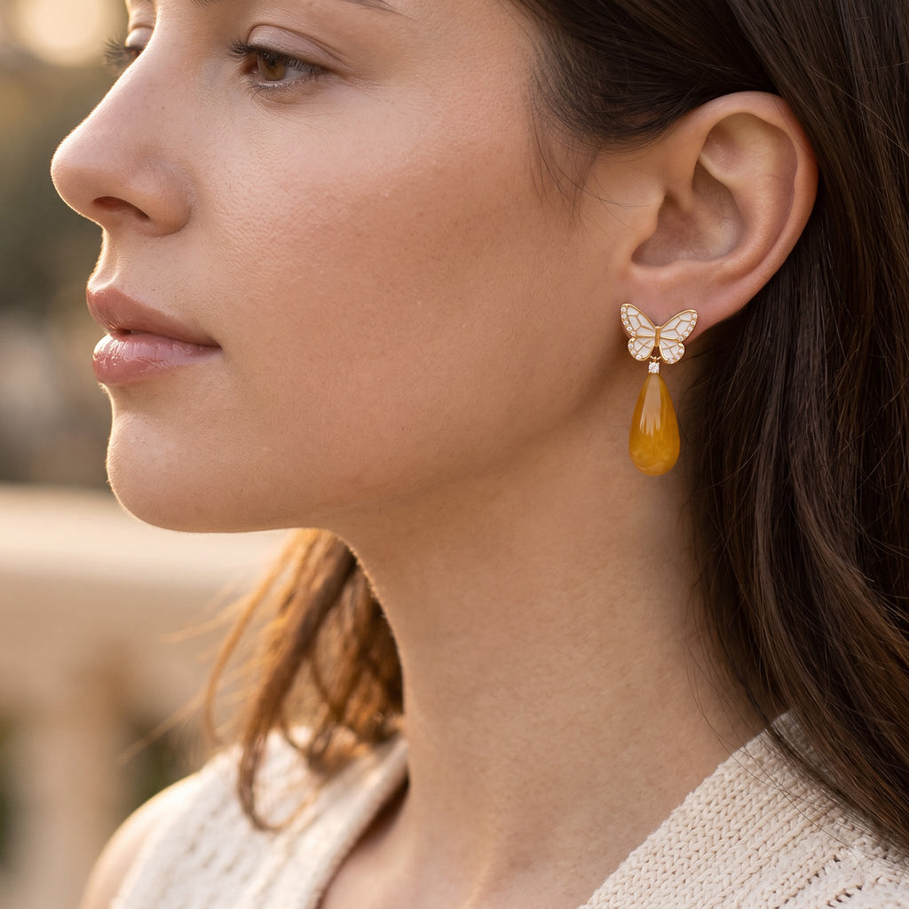 D'Joy - Honey Jade Beads Drop Earring with Push Back in Yellow Gold Plated Sterling Silver 30.00 Ct._8831527_1