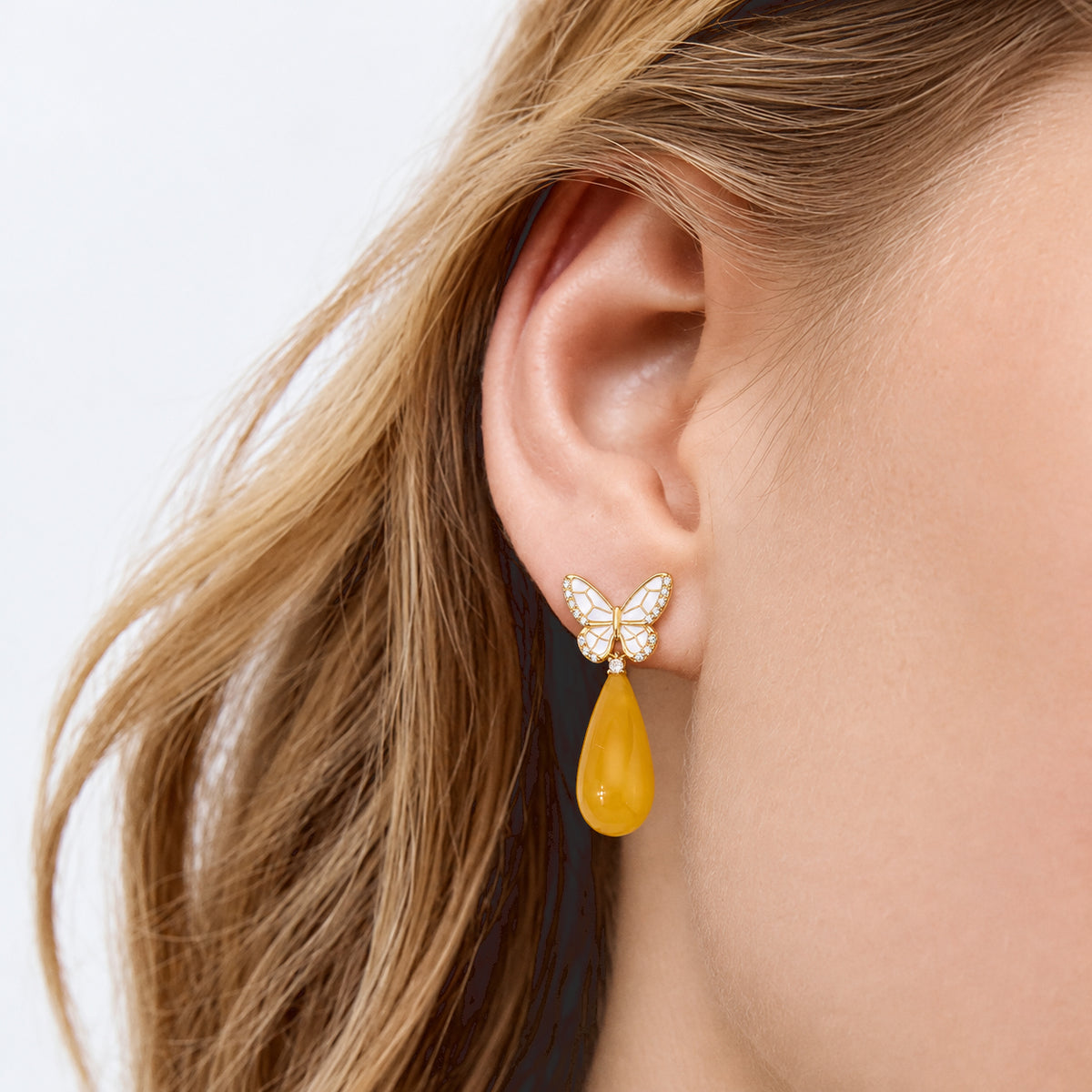 D'Joy - Honey Jade Beads &amp; White Zircone Butterfly Drop Earring with Push Back in Yellow Gold Plated Sterling Silver 30.90 Ct. 8831527 2