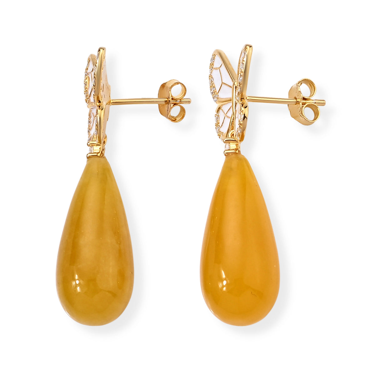 D'Joy - Honey Jade Beads &amp; White Zircone Butterfly Drop Earring with Push Back in Yellow Gold Plated Sterling Silver 30.90 Ct. 8831527 3