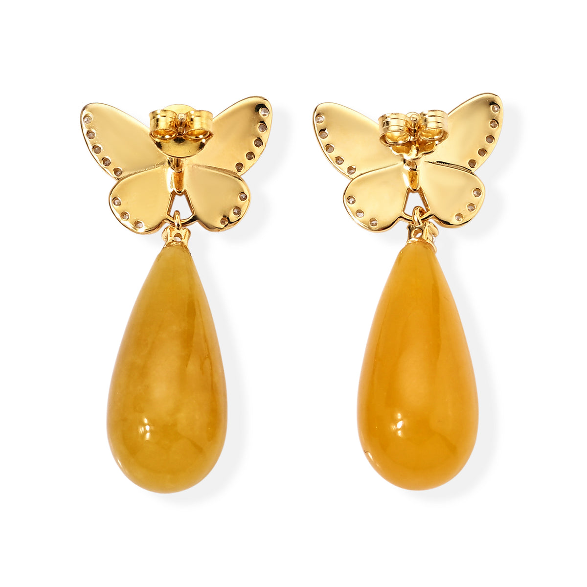 D'Joy - Honey Jade Beads &amp; White Zircone Butterfly Drop Earring with Push Back in Yellow Gold Plated Sterling Silver 30.90 Ct. 8831527 4