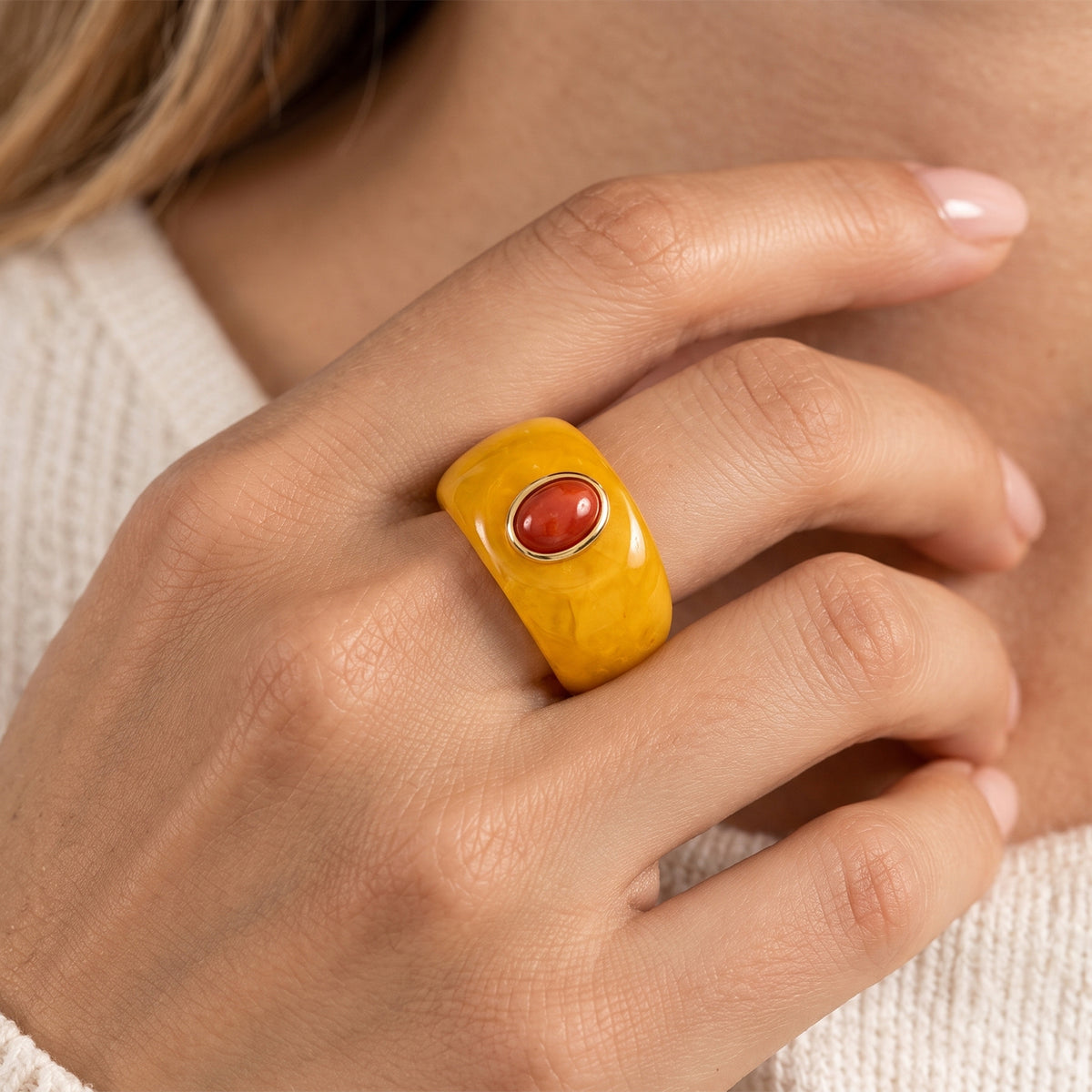 D'Joy - Honey Jade &amp; Red Jade Band Ring in Yellow Gold Plated Sterling Silver 55.00 Ct. 8831572 1