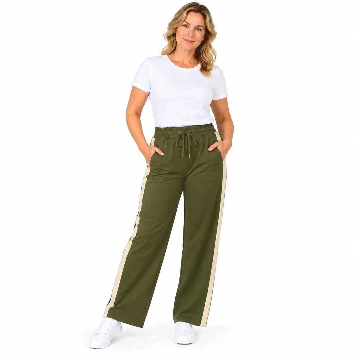 Pure And Natural Side Stripe Elasticated Waist Wide Leg Trousers (Size S, 8-10) - Olive 8832114 0