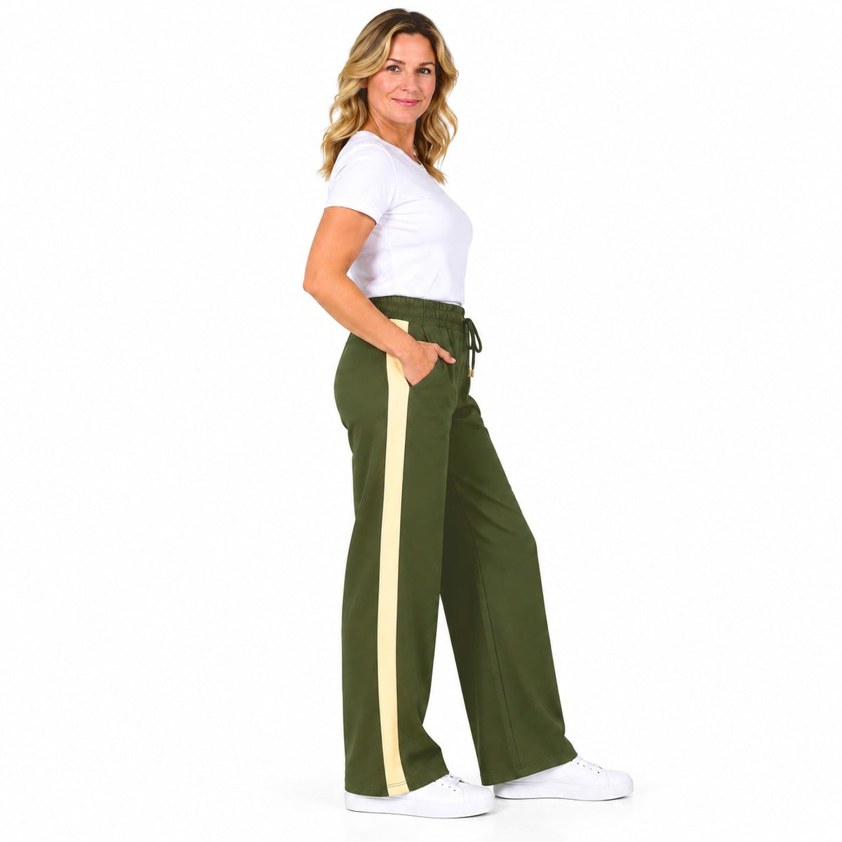 Pure And Natural Side Stripe Elasticated Waist Wide Leg Trousers (Size S, 8-10) - Olive 8832114 1