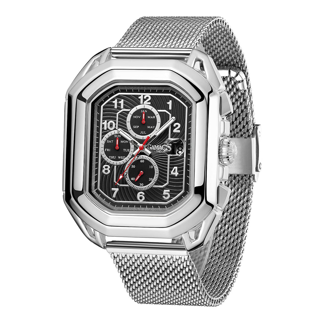 Gamages Of London Status Automatic Movement Black Dial Water Resistant Watch with Silver Mesh Bracelet_8846448_3