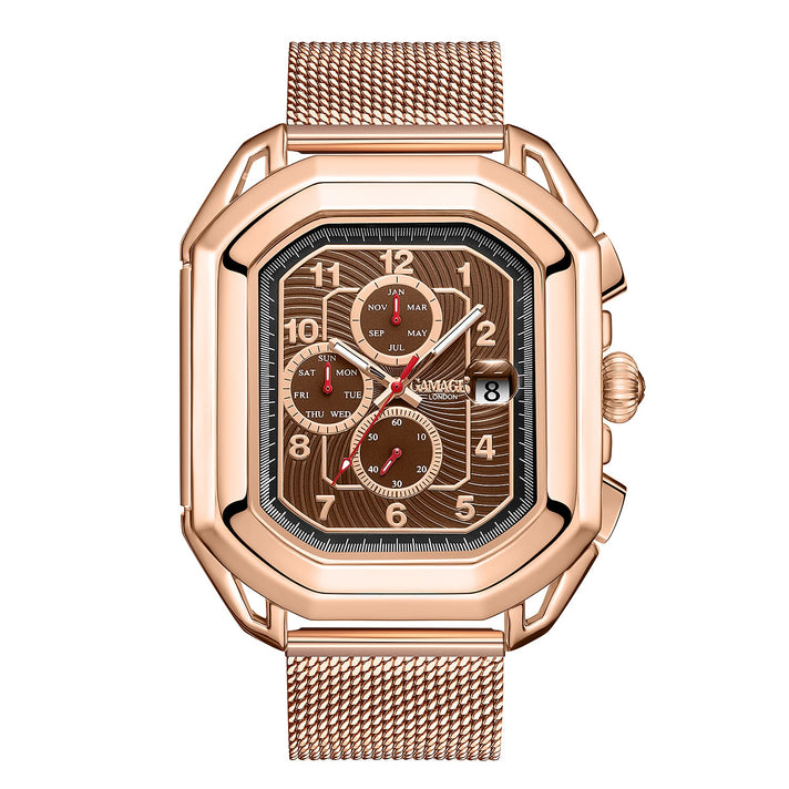 Gamages Of London Status Automatic Movement Brown Dial Water Resistant Watch with Rose Gold Colour Mesh Bracelet 8846449 1