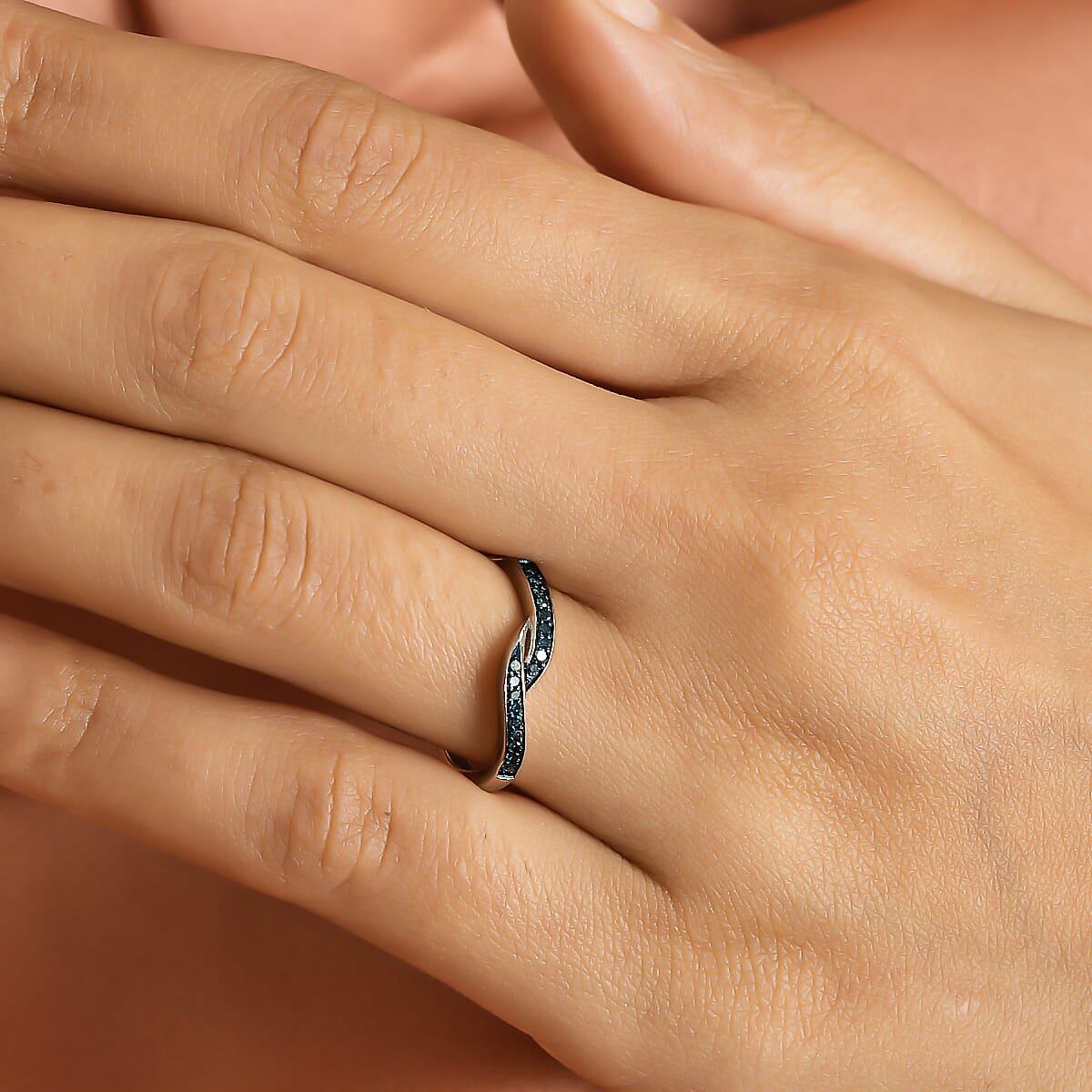 Blue Diamond Wave Band Ring in Platinum Overlay Sterling Silver 8892744 3