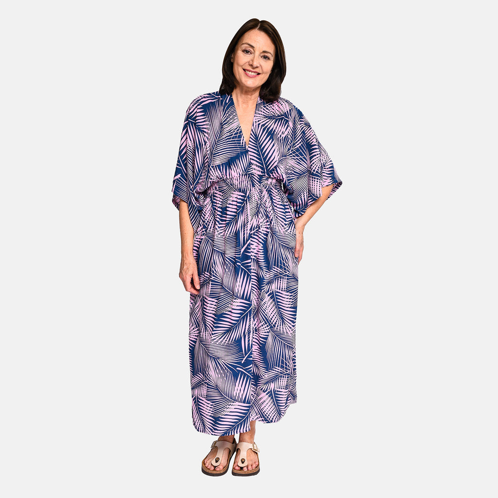 Tamsy - 100% Viscose Leaf Pattern Maxi Dress (One Size 8-18) - Navy Blue & Pink_8892923