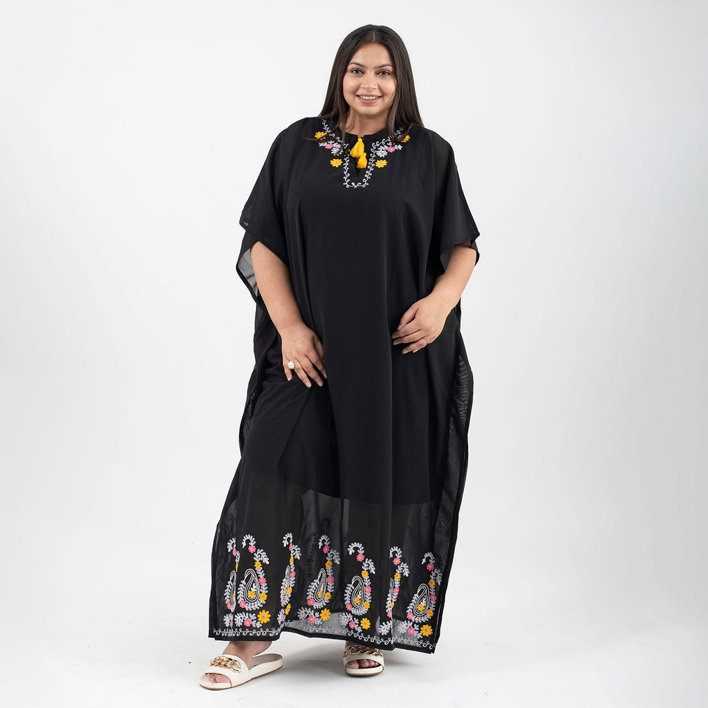 Tamsy Floral Embroidery Kaftan (One Size) - Black_8894565