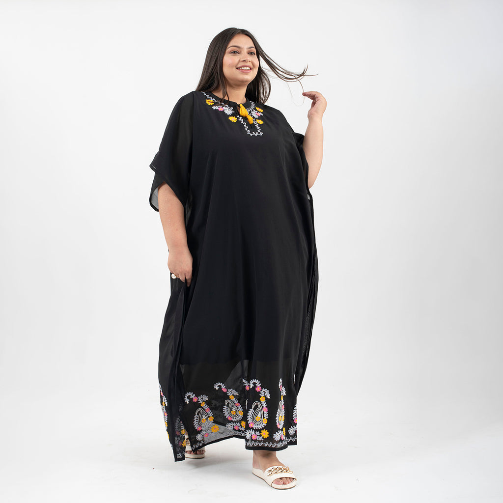 Tamsy Floral Embroidery Kaftan (One Size) - Black_8894565_2