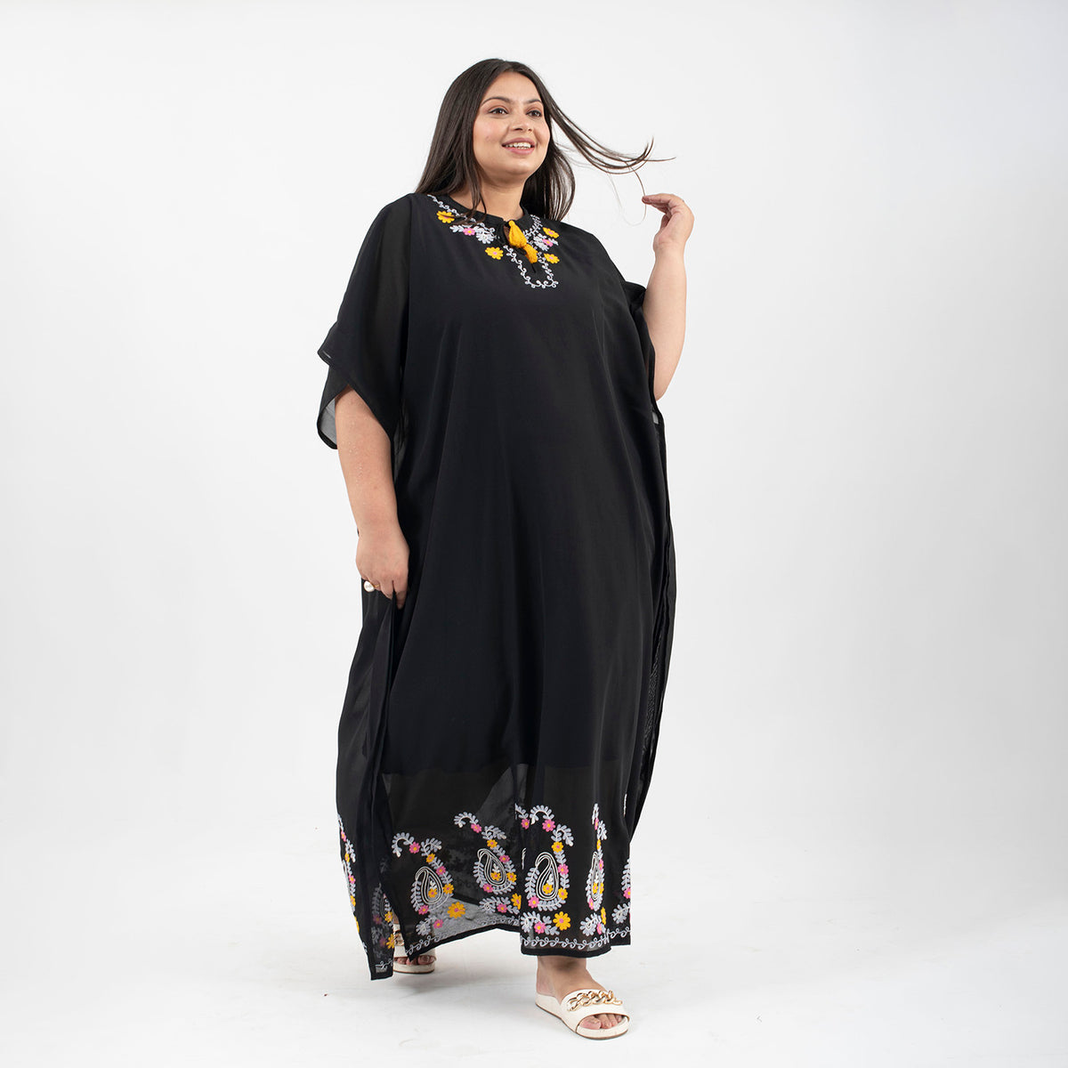 TAMSY Floral Embroidery Kaftan  - Black V32610303 3