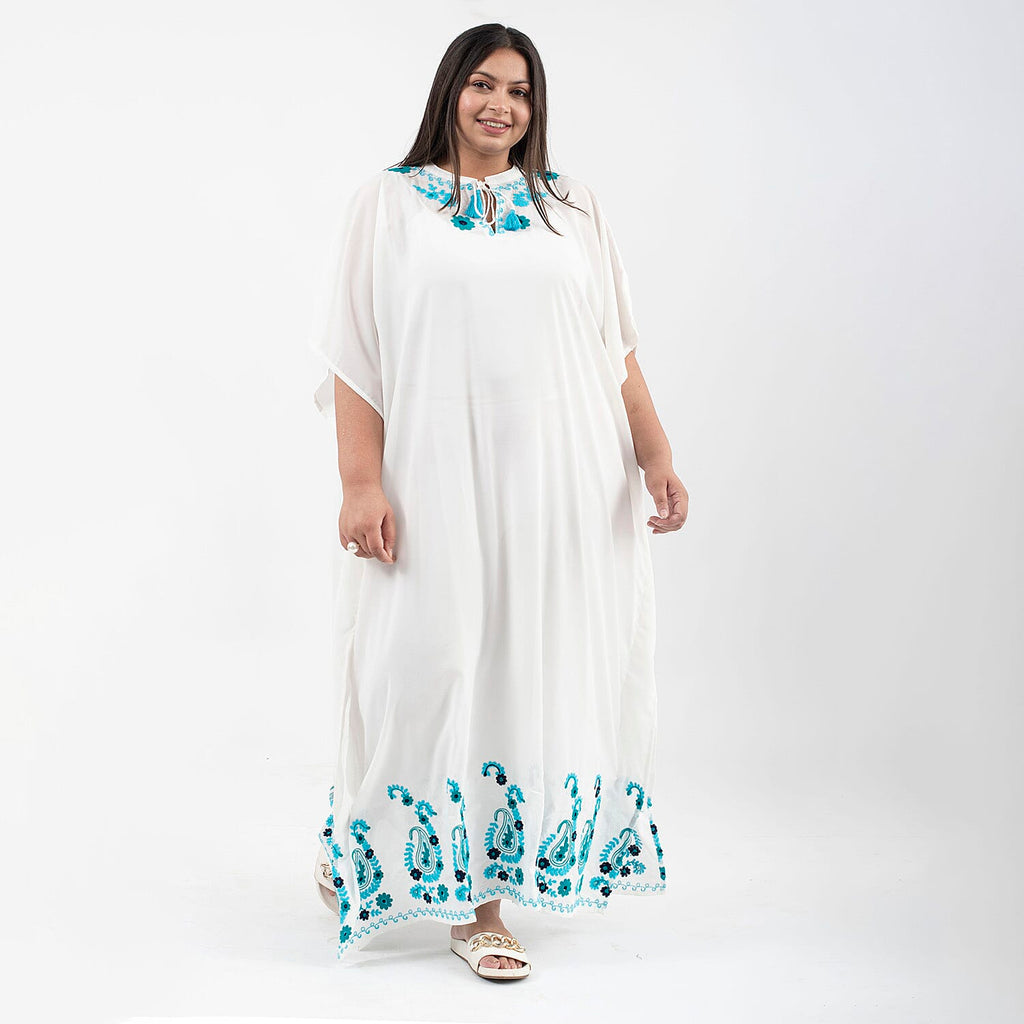 Tamsy Floral Embroidery Kaftan (One Size) - White_8894574