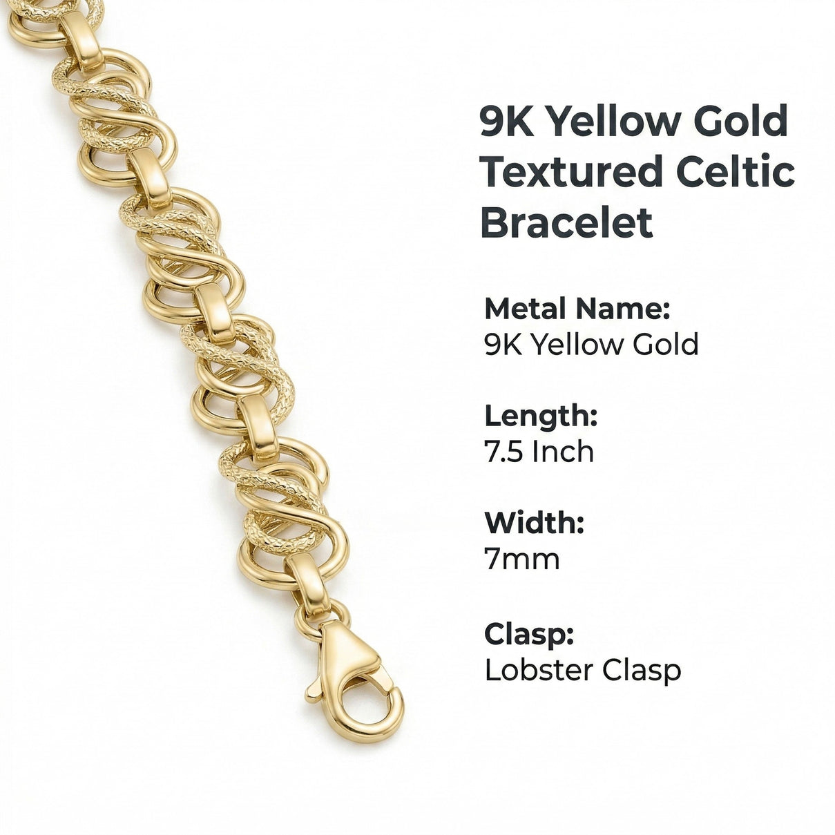 9K Yellow Gold 7mm Textured Celtic Bracelet 7.5 Inch 8894658 6