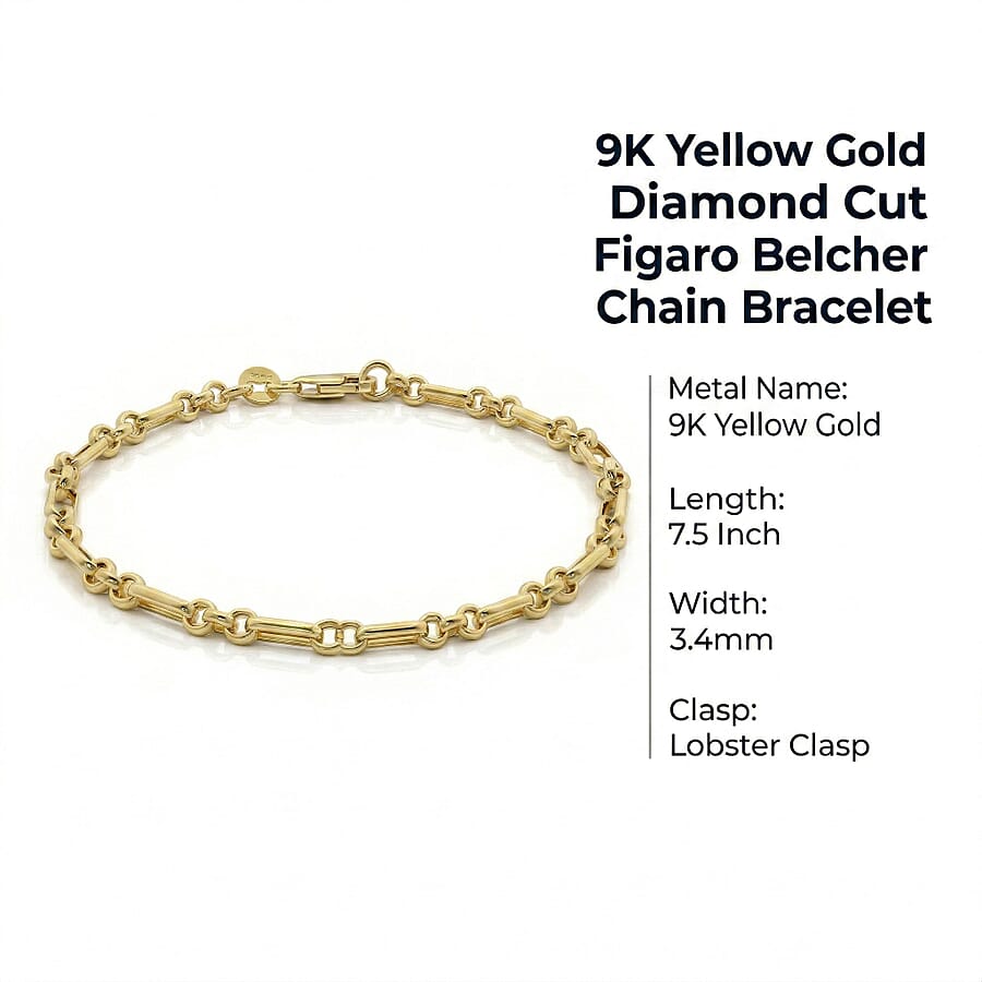 9K Yellow Gold 3.4mm Diamond Cut Figaro Belcher Chain Bracelet 7.5 Inch 8894669 6