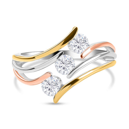 Moissanite 3 Stone Crossover Ring in Three Tone 8925150 1
