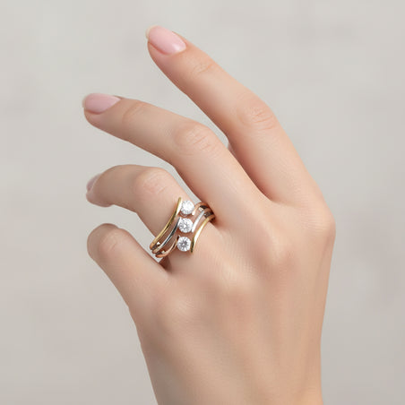 Moissanite 3 Stone Crossover Ring in Three Tone 8925150 2