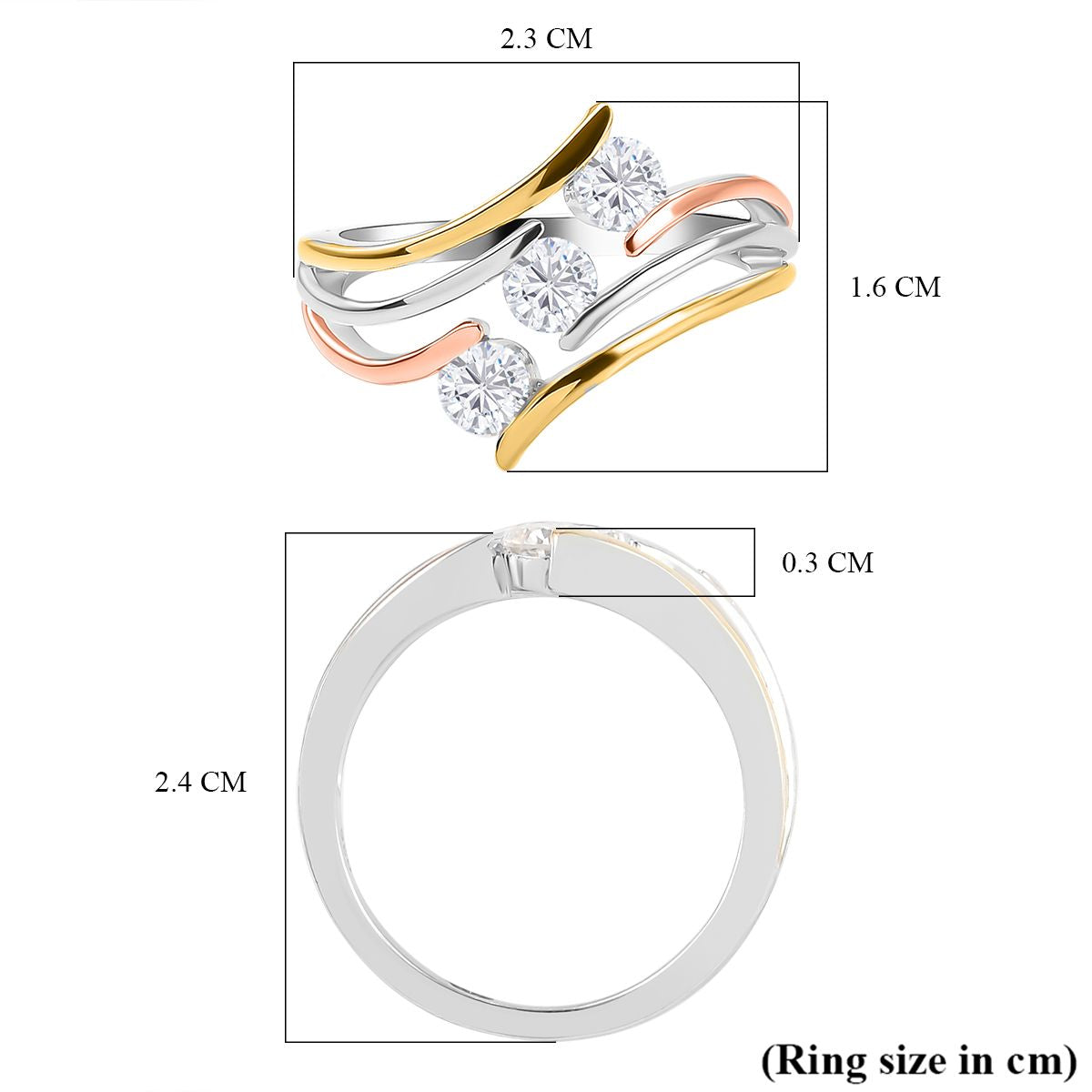 Moissanite 3 Stone Crossover Ring in Three Tone 8925150 6