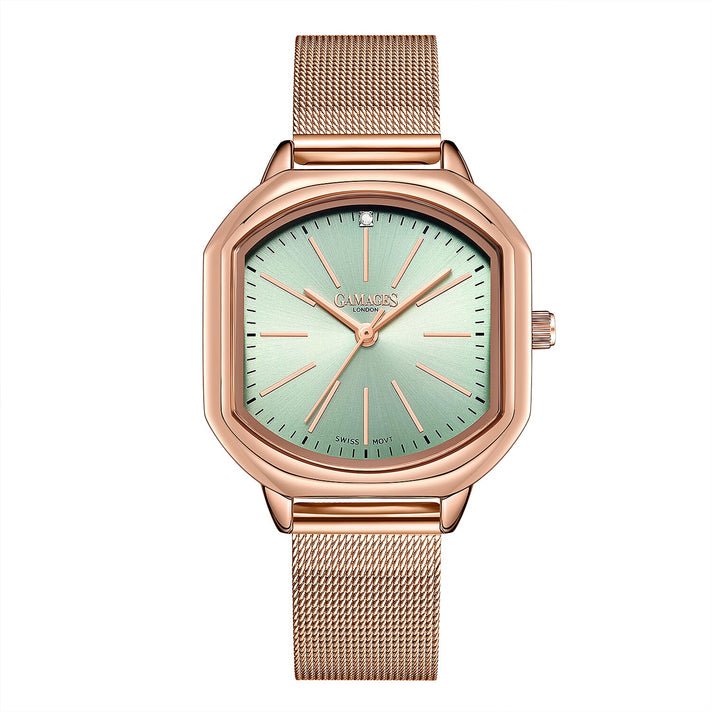 Gamages Of London Ladies Ornate Automatic Movement Teal Dial Diamond Studded Water Resistant Watch with Rose Gold Colour Bracelet 8931862 1