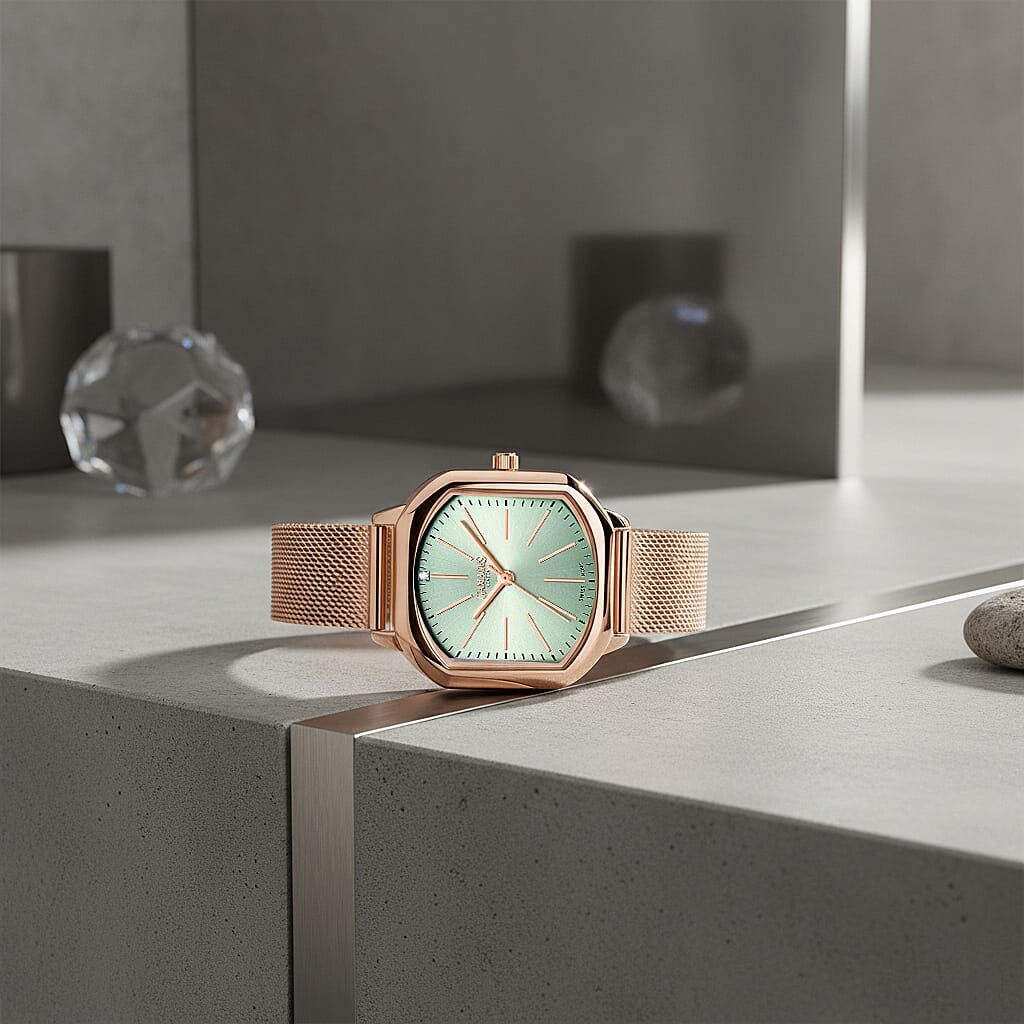 Gamages Of London Ladies Ornate Swiss Movement Teal Dial Diamond Studded Water Resistant Watch with Rose Gold Colour Bracelet_8931862_1
