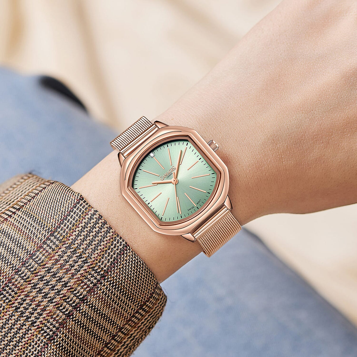 Gamages Of London Ladies Ornate Automatic Movement Teal Dial Diamond Studded Water Resistant Watch with Rose Gold Colour Bracelet V32580638 2