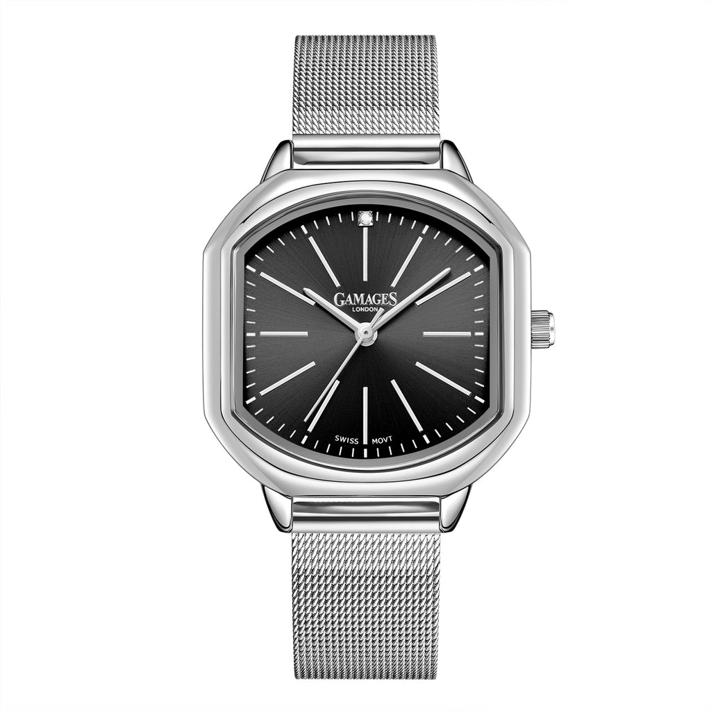Gamages Of London Ladies Ornate Swiss Movement Black Dial Diamond Studded Water Resistant Watch with Silver Colour Bracelet_8931863