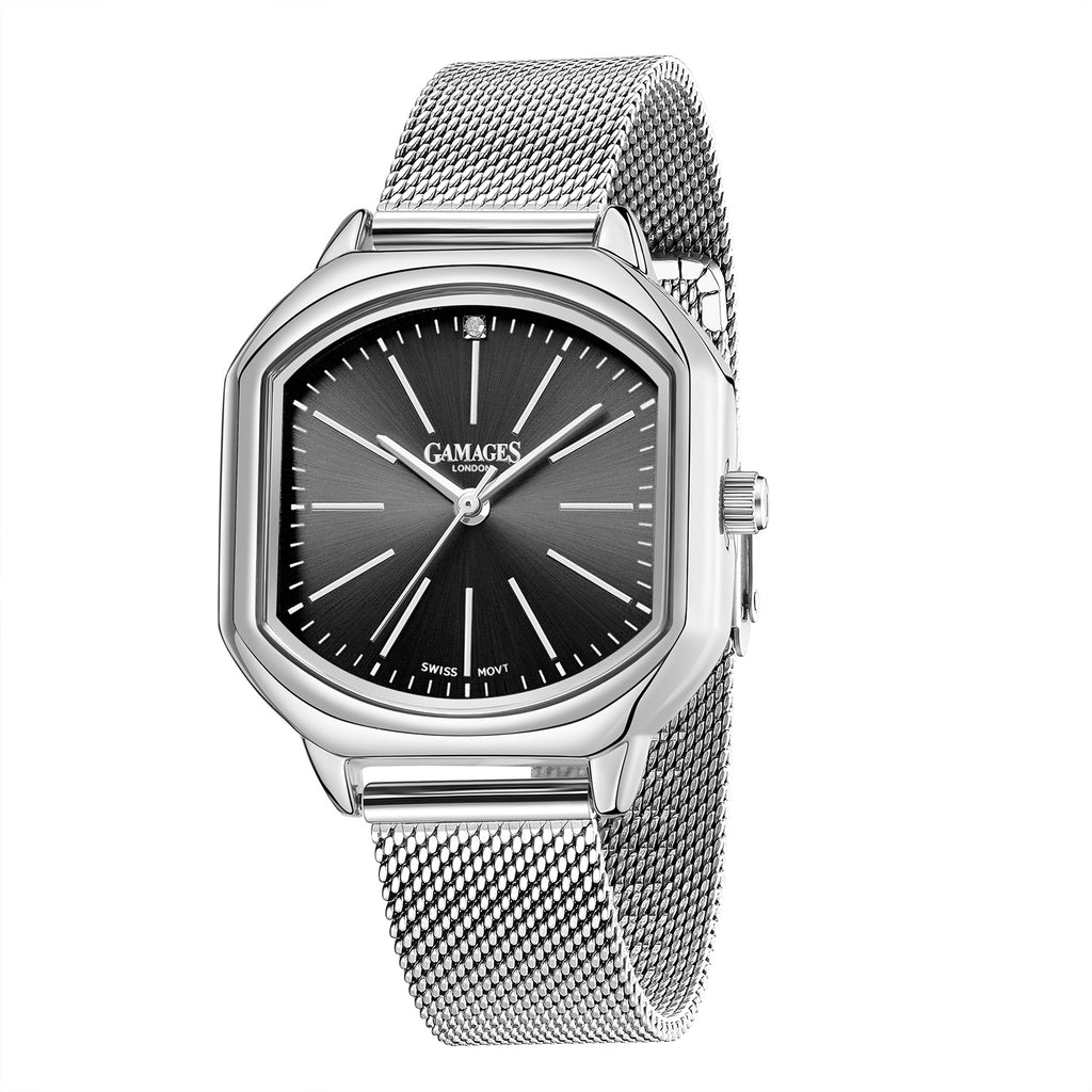 Gamages Of London Ladies Ornate Swiss Movement Black Dial Diamond Studded Water Resistant Watch with Silver Colour Bracelet_8931863_3