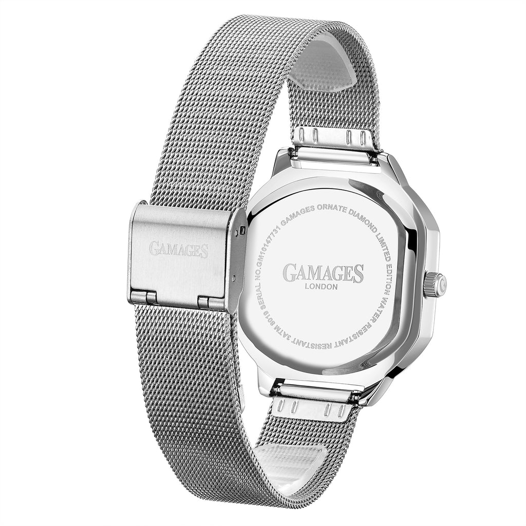 Gamages Of London Ladies Ornate Swiss Movement Black Dial Diamond Studded Water Resistant Watch with Silver Colour Bracelet_8931863_4