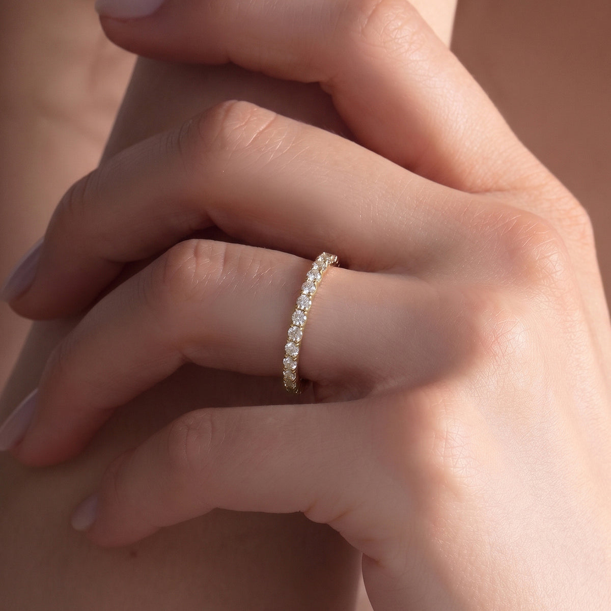 9K Yellow Gold Moissanite Eternity Band Ring V32526852 3