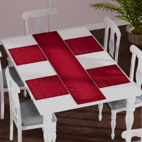 Set of 5 - Water Resistant Jacquard Scroll Pattern Table Runner (Size 180x35 Cm) and 4 Napkin Pieces (Size 40x40 Cm) - Red_8946496_1