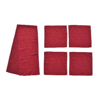 Set of 5 - Water Resistant Jacquard Scroll Pattern Table Runner (Size 180x35 Cm) and 4 Napkin Pieces (Size 40x40 Cm) - Red_8946496_2