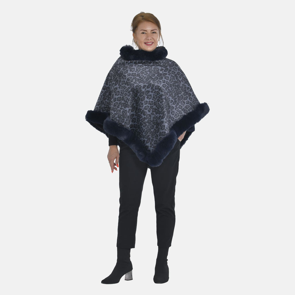 Leopard Pattern Double Layer Faux Fur Poncho (Size 8-22) - Dark Blue_8960198