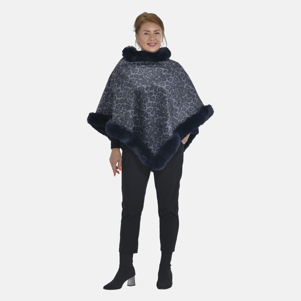 TAMSY Leopard Pattern Double Layer Faux Fur Poncho 8960198 0