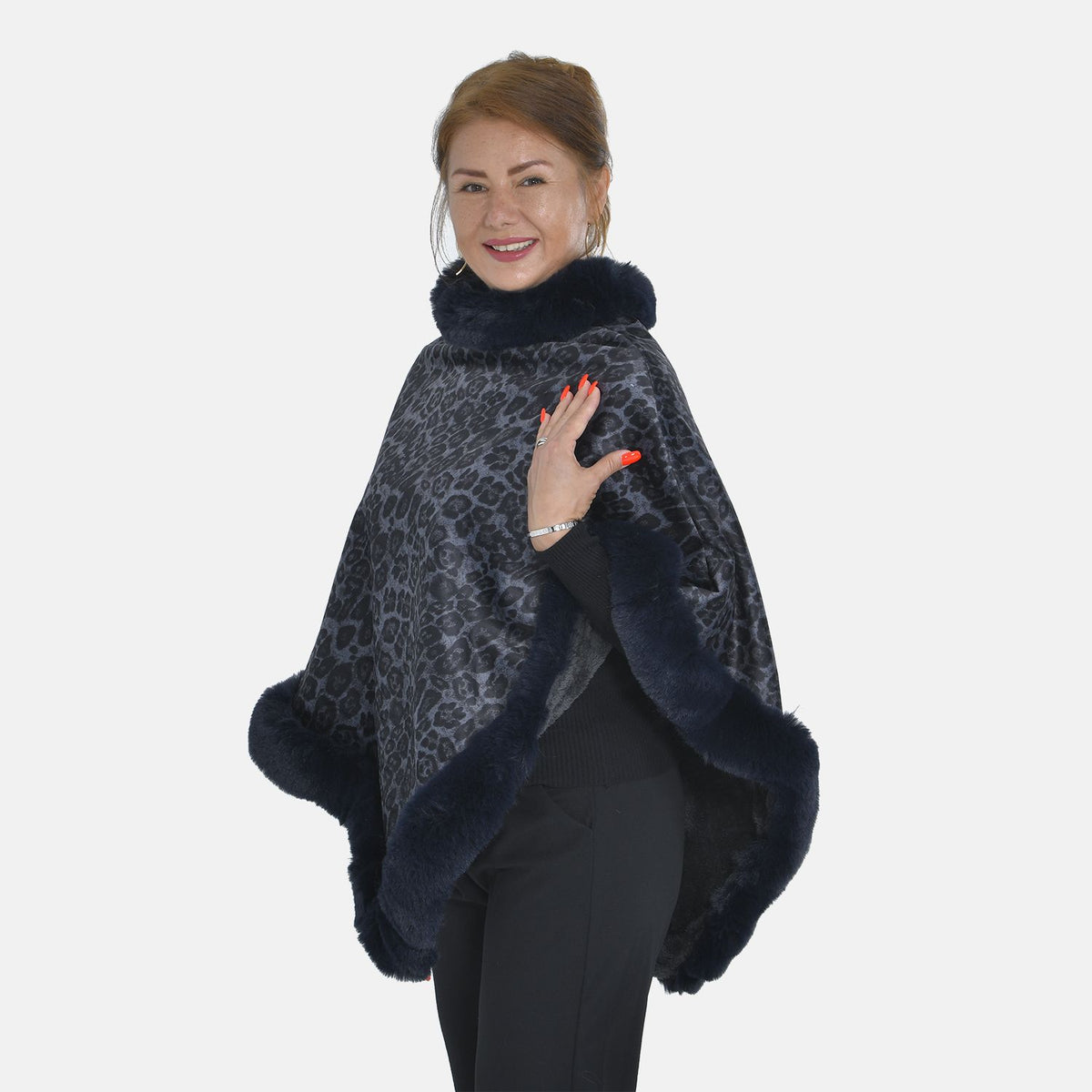 TAMSY Leopard Pattern Double Layer Faux Fur Poncho 8960198 3
