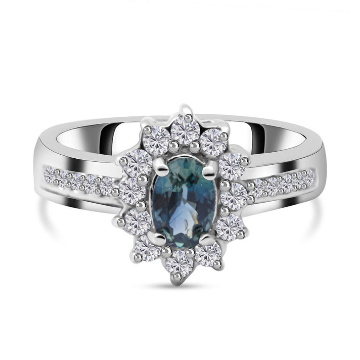 Natural Parti Sapphire &amp; Natural Zircon Halo Ring in Platinum Overlay Sterling Silver 1.18 Ct. 8961005 1